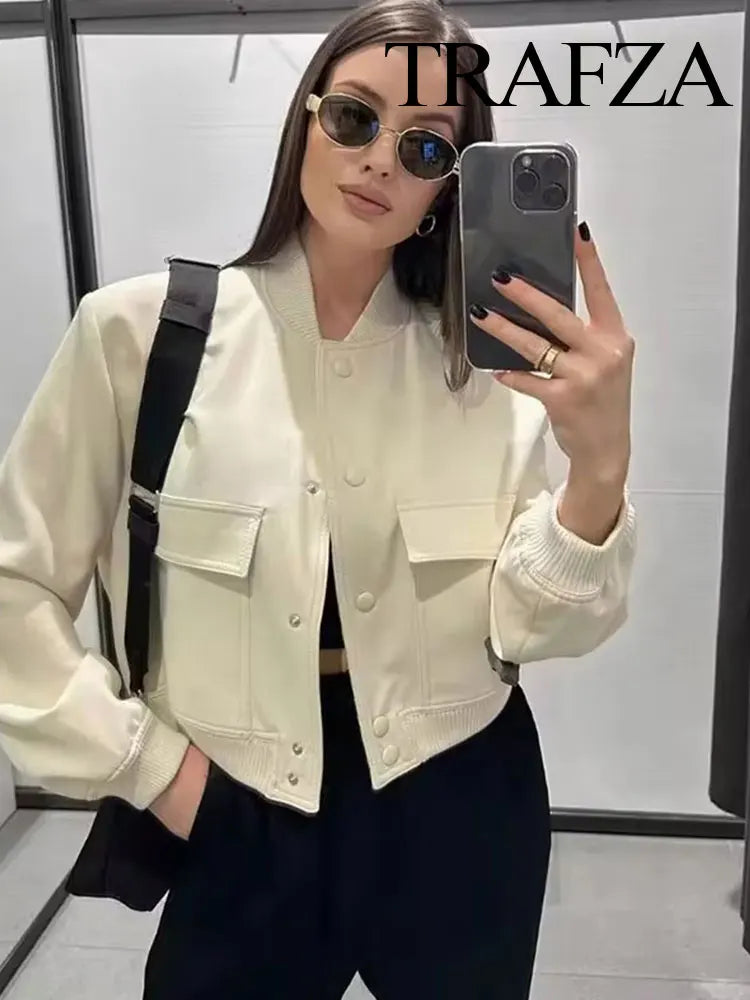 TRAFZA Women's Streetwear Elegant Solid Color Jacket Long Sleeve Button Slim Short Jacket Women's Fashion Casual Pocket Top Y2K
