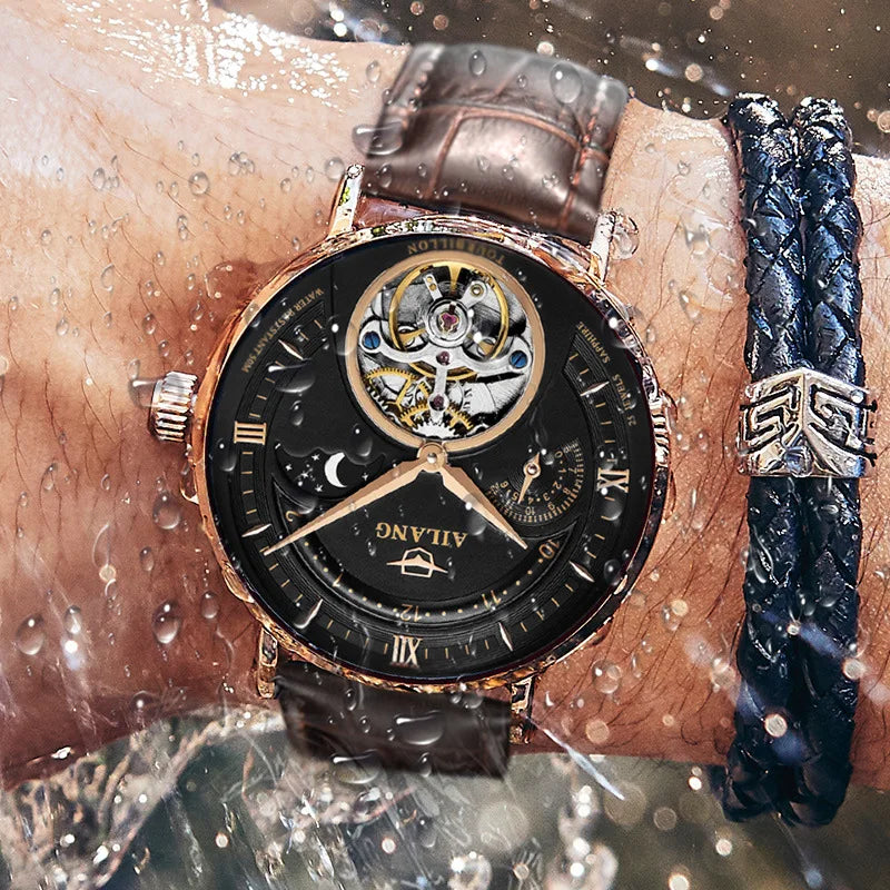 AILANG Automatic Mechanical Watches Mens Watches Top Brand Luxury Sapphire Genuine Leather Original Tourbillon Hollow Movement