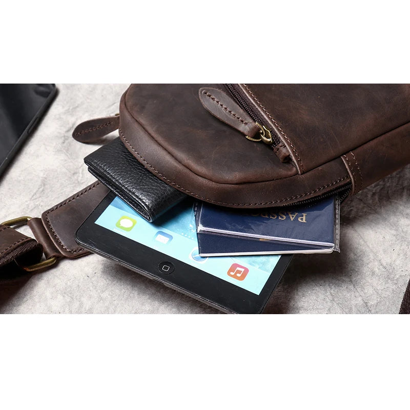 Handmade Genuine Leather Chest Bag Sports Phone Bag Men's Retro Large Capacity Crossbody 7.9 inch Mini ipad Men's Bag Leathfocus