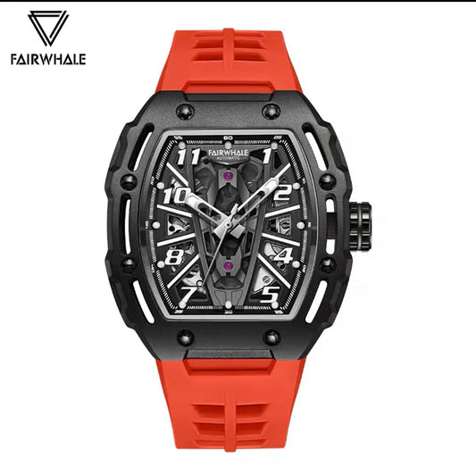 2025 Fashion Skeleton Automatic Watch Men Sports Silicone Strap Tonneau Red Wristwatch Man Luxury Mechanical Clocks Reloj Hombre