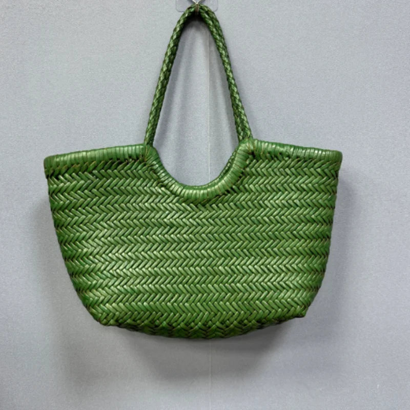 Hand Knitted Designer Genuine Leather Elegant Handle Female Totes Vintage Women's Handbag Cowskin Lady Large Shoulder Bag