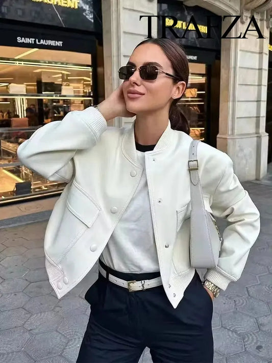 TRAFZA Women's Streetwear Elegant Solid Color Jacket Long Sleeve Button Slim Short Jacket Women's Fashion Casual Pocket Top Y2K