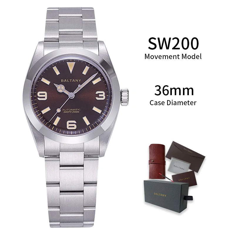 Baltany Vintage Explorer Homage Watches S4056 Sunburst 36mm Stainless Steel Bracelet 200M Luminous Men's Automatic Wristwatch