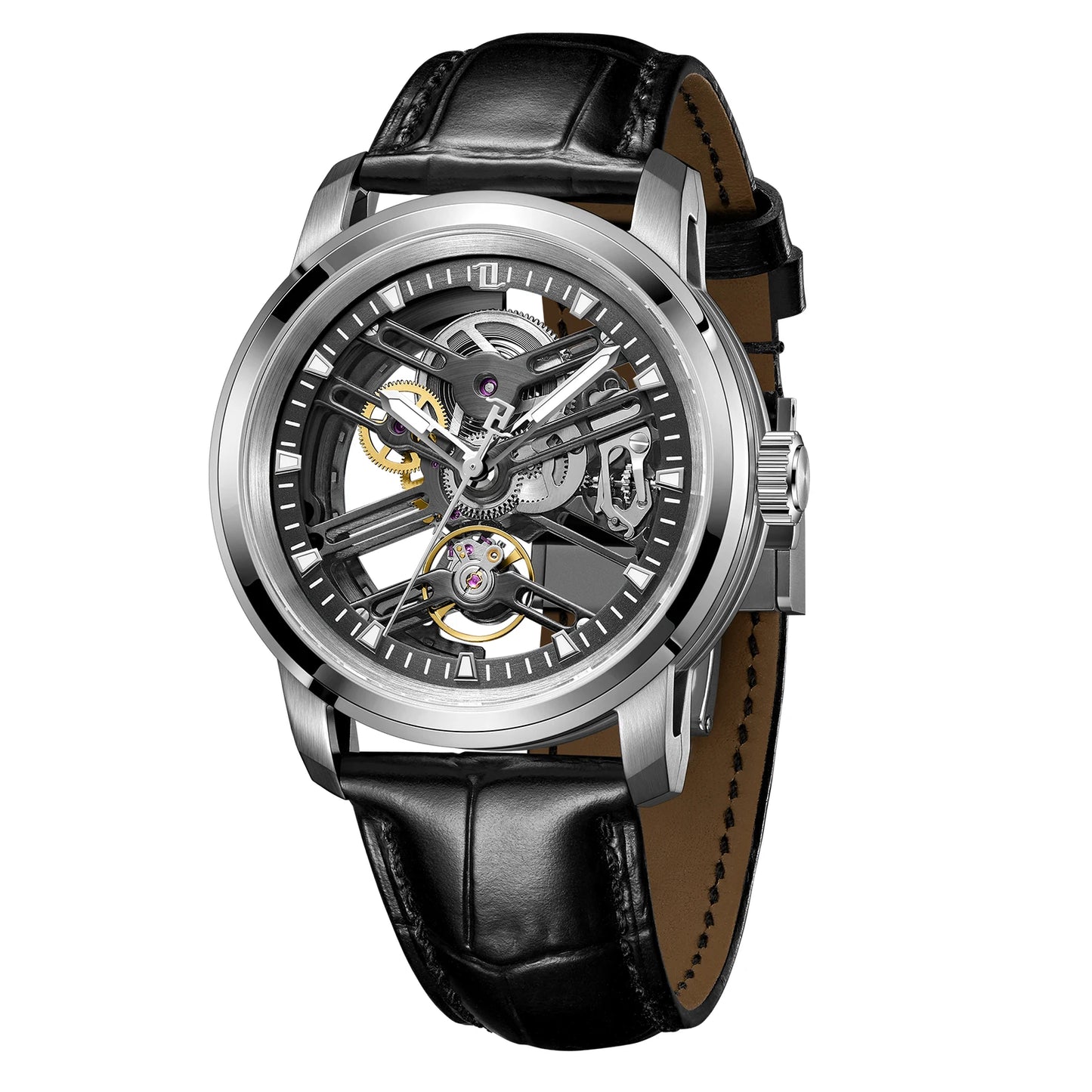 OBLVLO New Hollow-out Transparent Mechanical Automatic Men Watch Blue Skeleton Dial Leather Strap Luminous Classic Watches KM-S