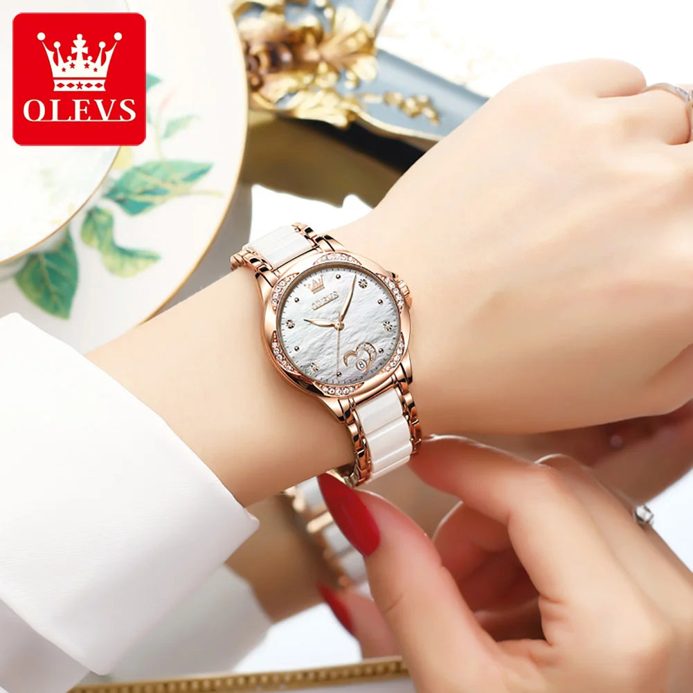 OLEVS 6631 Top Original Automatic Watch for Women Fashion Heart Design Diamond Bezel Ceramics Strap Ladies Mechanical Wristwatch