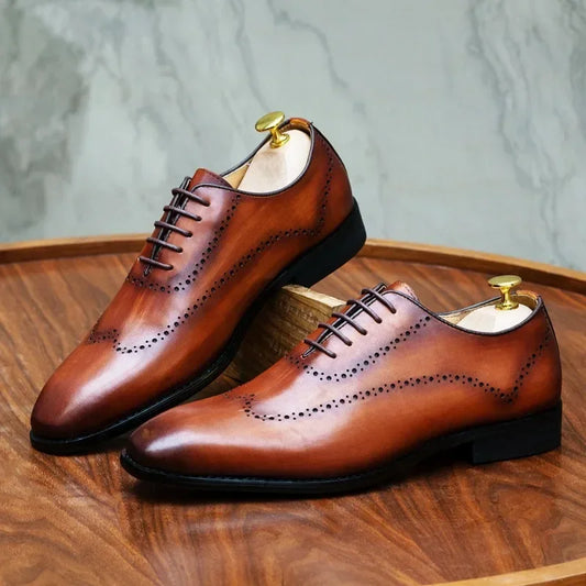 British Men's Business Dress Shoes Carved Block Fashion Small Square Head Polished Handmade Genuine Leather Oxford Shoe for Men