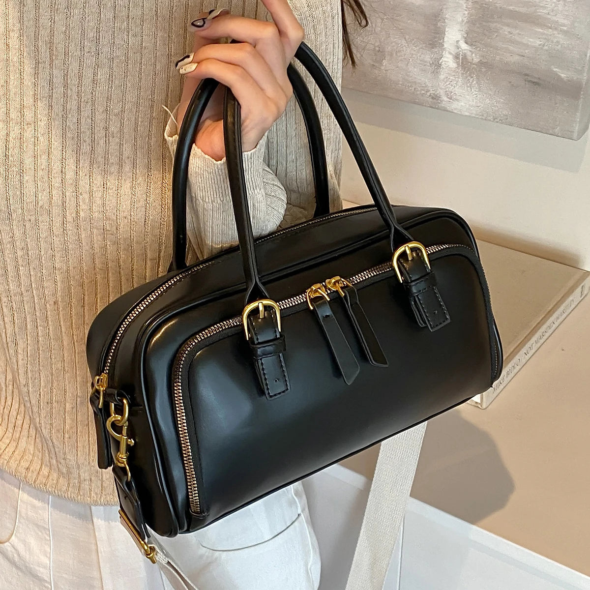 Vintage Handbags for Women Solid Pu Leather Tote Bags Large Capacity Female Commute Wide Strap Crossbody Packs 2024 New