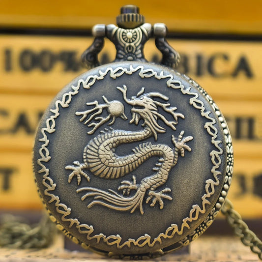 Vintage Bronze Clamshell Chinese Dragon Carved Necklace Quartz Pocket Watch Gifts Are Common For Male And Female Students