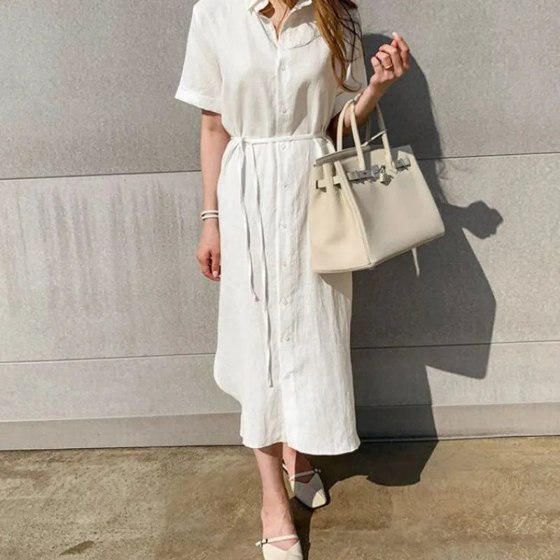 REALEFT 2024 New Summer Linen Women's Shirt Dresses Short Sleeve Single Breasted Korean Lace Up Straight Long Dress Female