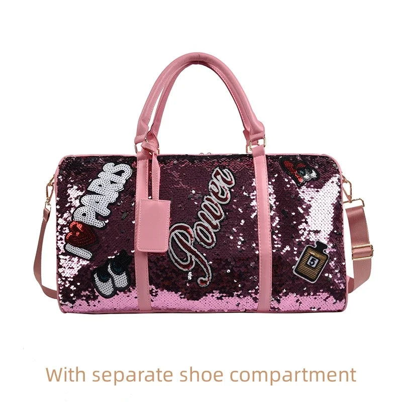 Sequins PU Travel Bag Fashion Sports Large Capacity Shoulder Bag with Separate Shoe Compartment Europe United States Handbag