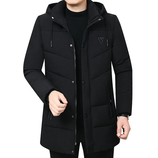 Hooded Winter Down Cotton Coat for Men Parkas Thickened Solid Color Padded Cardigan Midi Length Zip Up Men's Warm Jacket