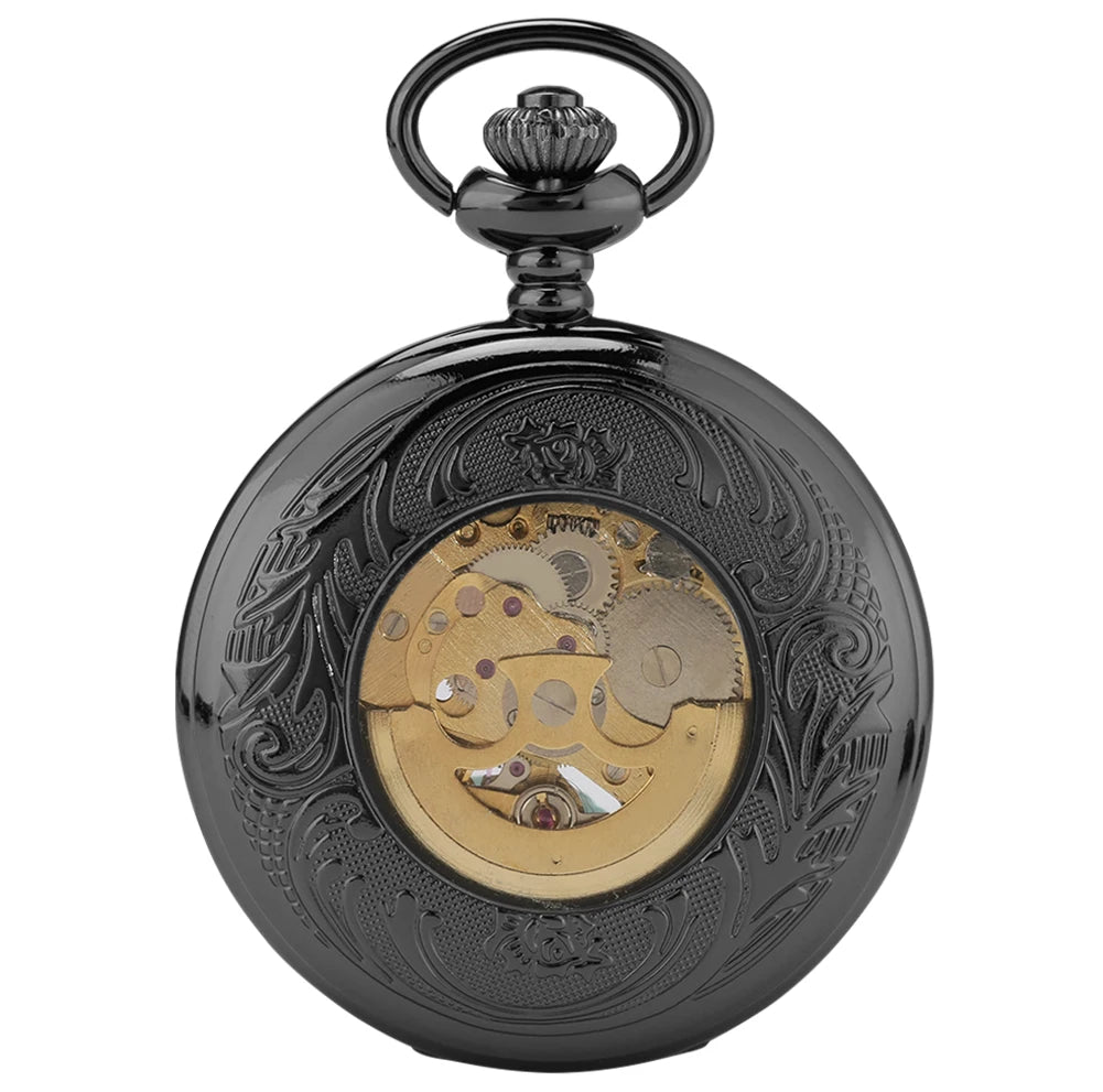 Mechanical Automatic Pocket Watch Men Roman Numerals Display Pocket Pendant Watch Black Hollow Half Hunter Retro Clock P890C