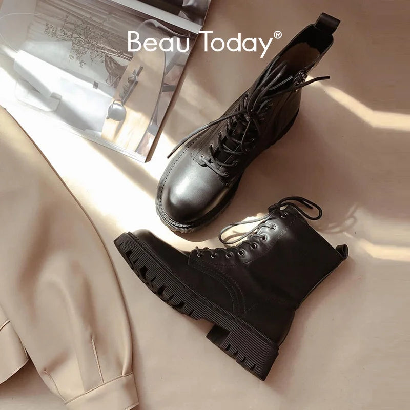 BeauToday Ankle Boots Women Platform Cow Leather Round Toe Lace-Up Zipper Closure Autumn Winter Shoes Thick Sole Handmade 04420