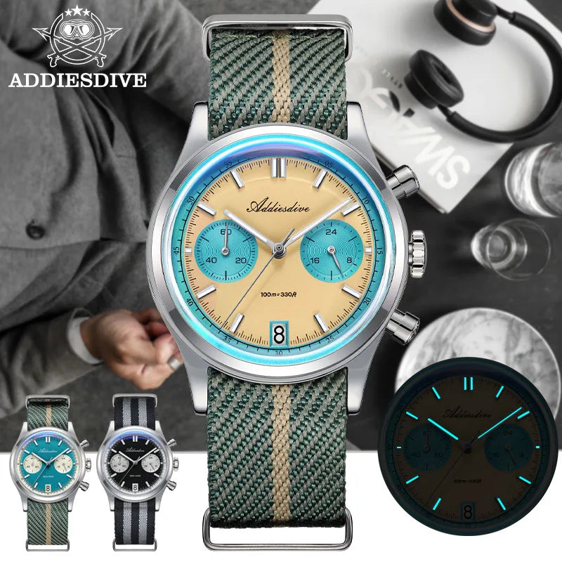 ADDIESDIVE TOP New Men Watch Bubble Mirror Glass 316L Stainless Steel BGW9 Luminous 100m Diving VK64 Quartz Chronograph Watch
