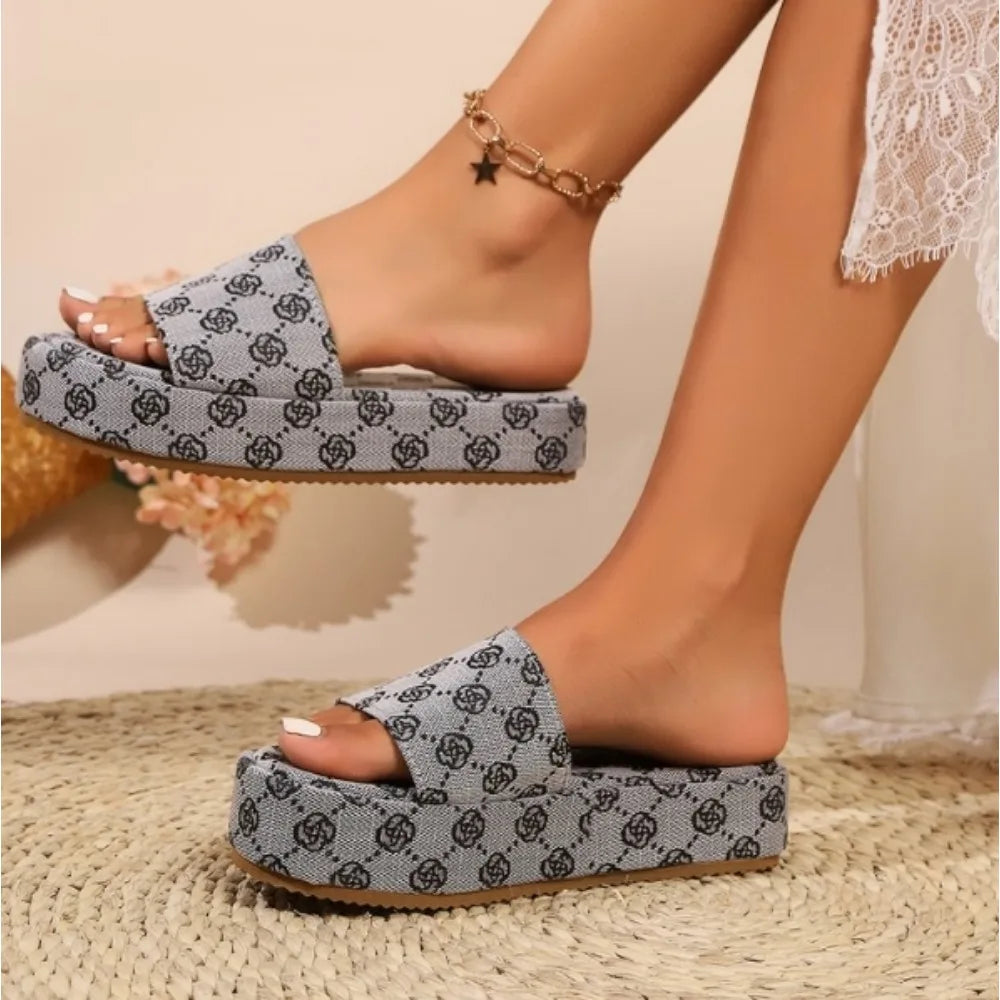 Women's Summer New Fashion Printed Designer Canvas Daily Casual Comfortable Vacation Beach Flip Flop Large Size 36-43