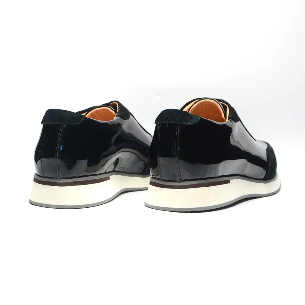 British Style Men's Oxford Sneakers Black Patent Leather with Cow Suede Lace-up Flat Winter Casual Business Office Shoes for Men