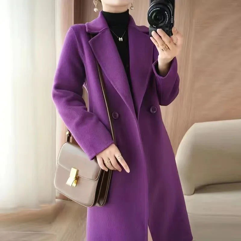 2024 Autumn 100% Double Sided Cashmere Coat Women's Winter New Slim Temperament Wool Coats Solid Casual Female Long Overcoat