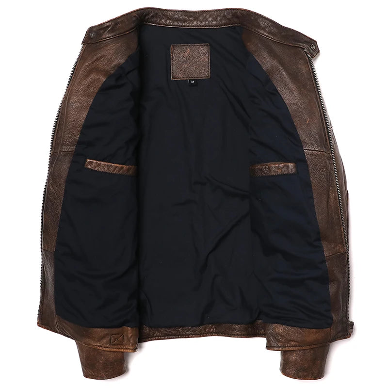 2023 Vintage Camel Yellow Genuine Leather Jacket Real Natural Cowhide Men Motorcycle Biker Coat Mens Slim Calf Skin Coat