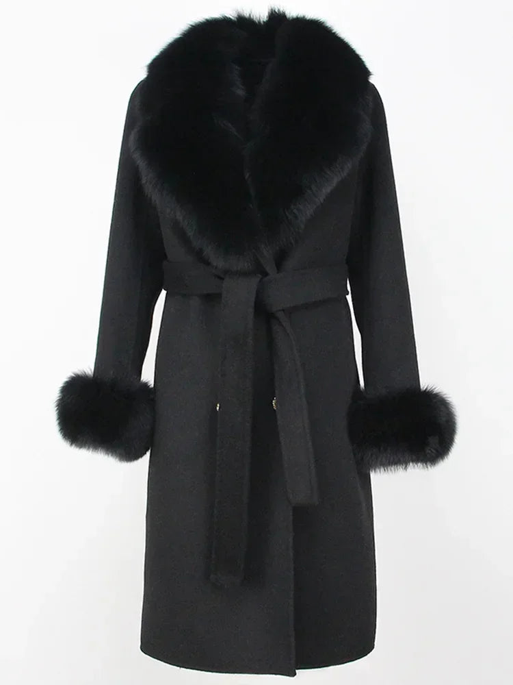 2024 Winter Jacket Women Long Natural Wool Blends Cashmere Real Fur Coat Double Breasted Belt Warm Wool Streetwear New Fashion