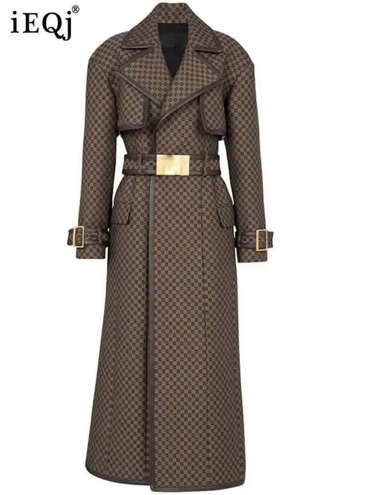 IEQJ Women's Belt Jacquard Maze Pattern Extended Windbreaker Polka Dot 2025 Winter New Turndown-collar Femal Overcoat 3WM3792