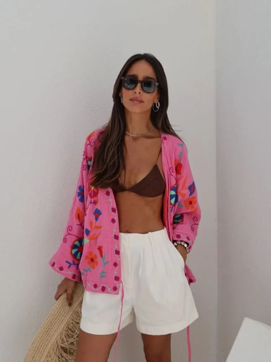 Embroidery Pink Cotton Linen Coat Women's Casual Lace Up Full Sleeves V Neck Loose Jacket 2025 Autumn Lady High Street Overcoats