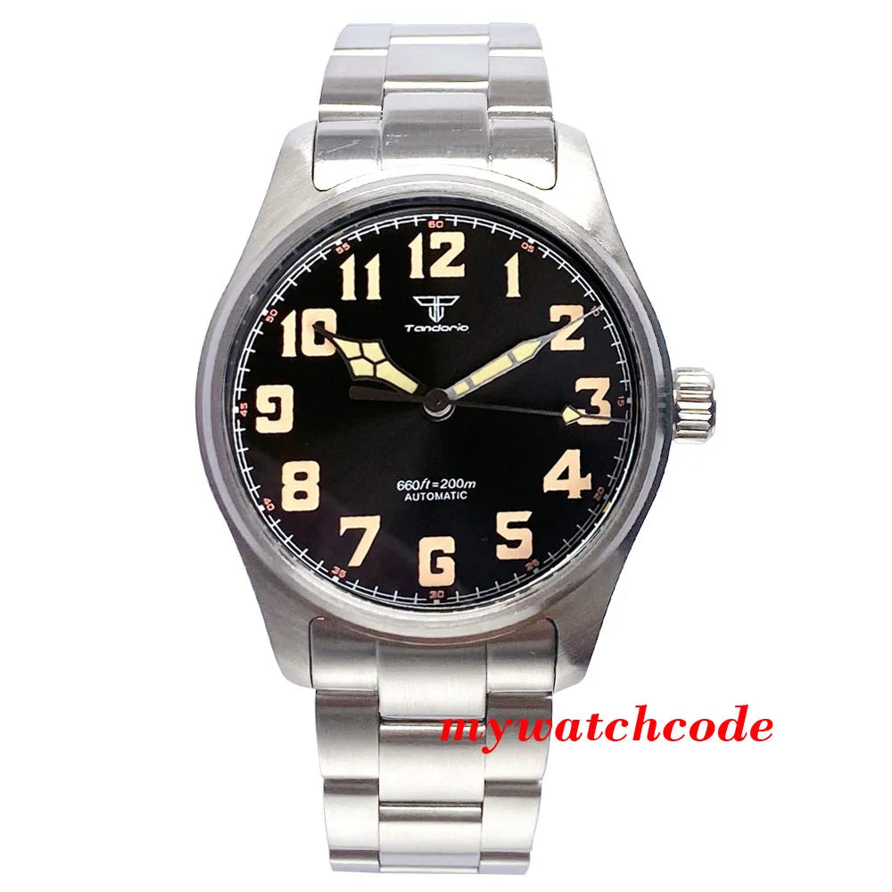 Waterproof Vintage Pilot Watch Tandorio Black NH35 Mechanical Clock Men Arabic Numerals 39mm Sport Clock Reloj Hombre Big Crown