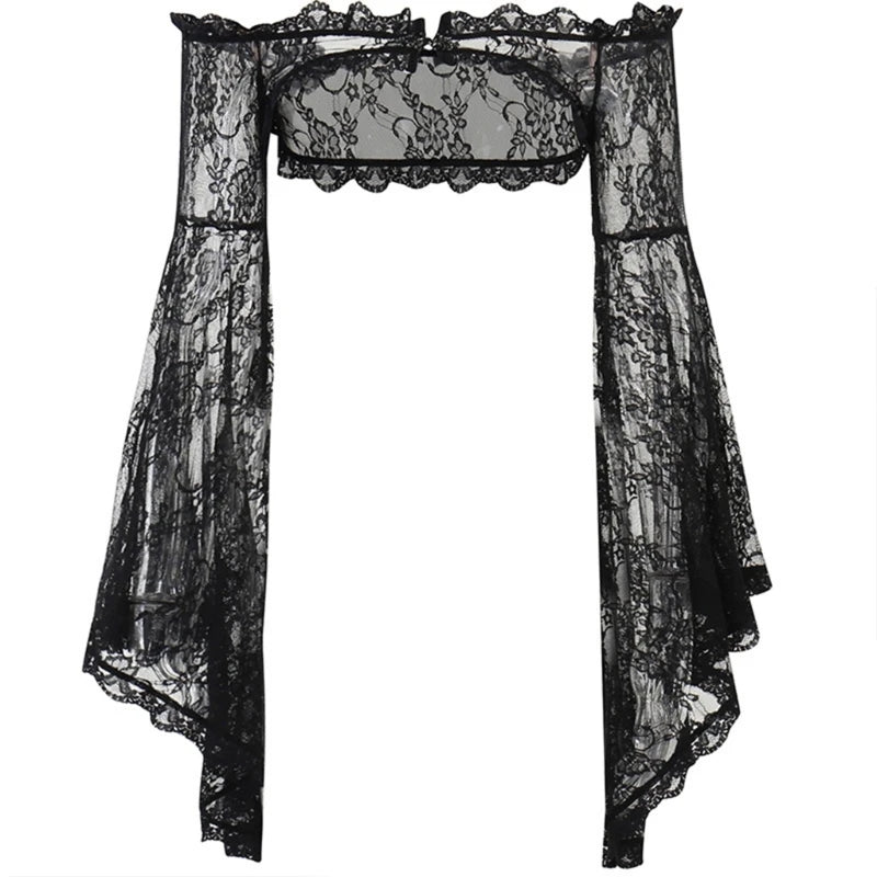 Women's Long Sleeve Crop Tops Blouses Shirt Top Punk Shrugs Cardigan Lace Mesh Crop Top Cosplay Outfits Streetwear
