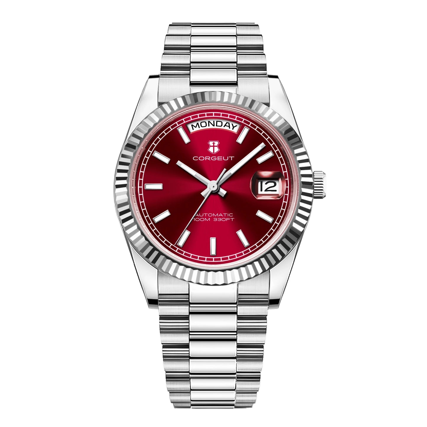 CORGEUT NH36 Mechanical Men's Watch Date of the Week Show President Chain Strap Steel Case Watch Threaded Arc Bezel waterp