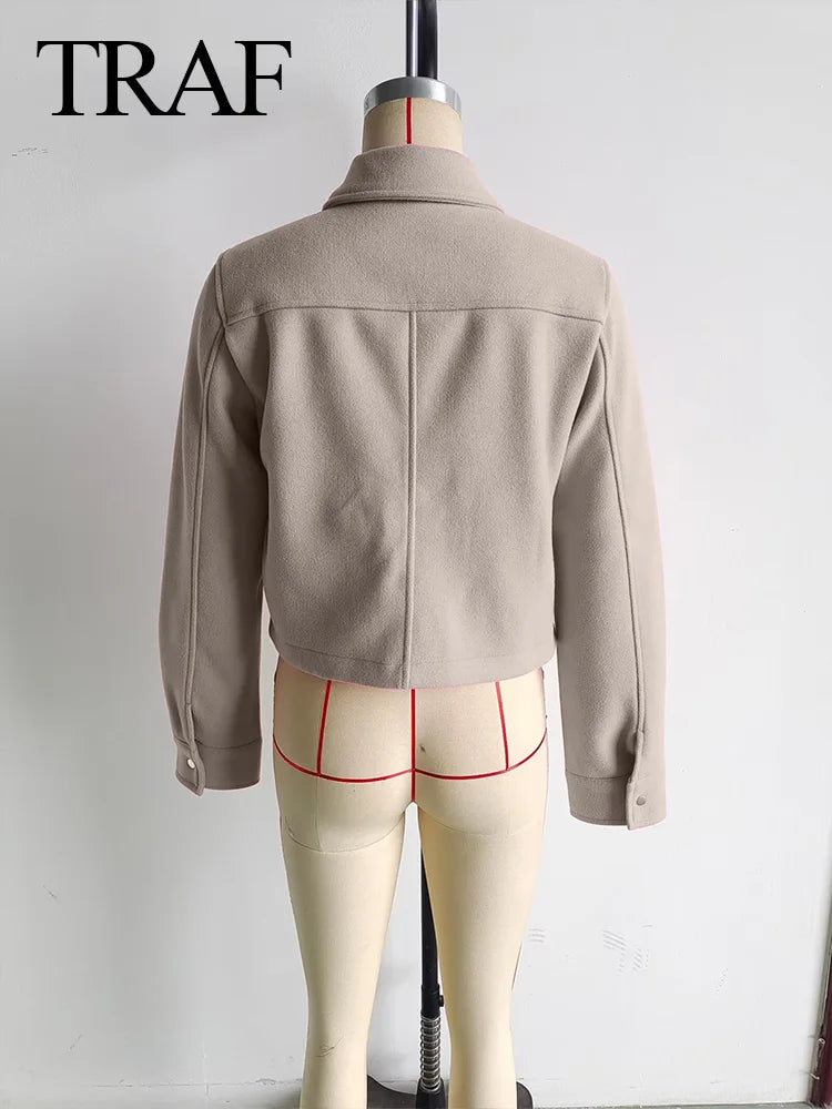 TRAFZA Women Fashion Elegant Khaki Long Sleeve Slim Cropped Coat Female Casual Loose Chic Tops With Buttons Pocket Streetwear