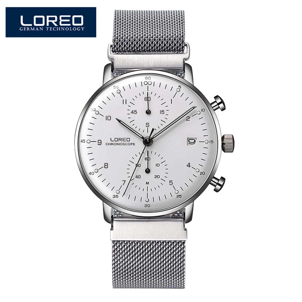 LOREO Top Brand Watch Men Stainless Steel Business Date Clock Waterproof Watches Mens Luxury Sport Quartz Wrist Watch Hour
