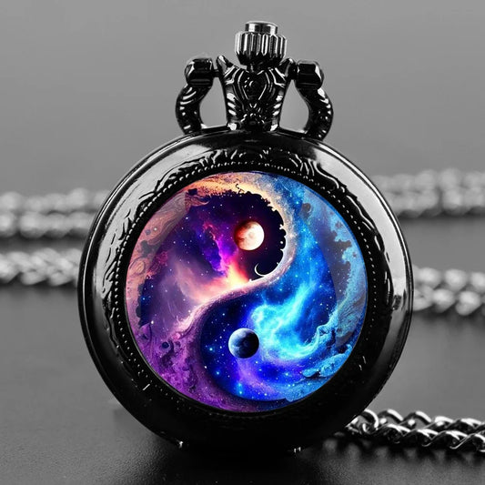 Creative Yin-Yang Planet Dome Quartz Pocket Watch Arabic Numeral Dial Vintage Men Women Necklace Pendant Creative Clock Gifts