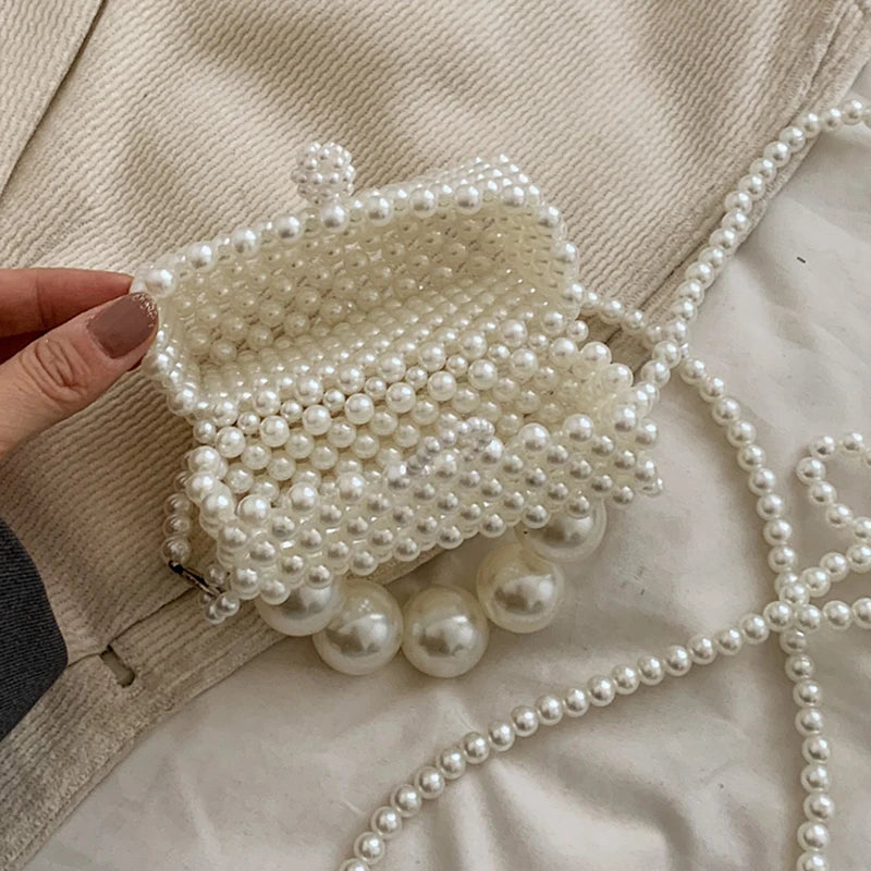 Pearl Clutch Bag Beading Handmade Woven Handbag Femme 2024 Luxury Wedding Purse High Quality PVC Crossbody Lady Box Lipstick Bag