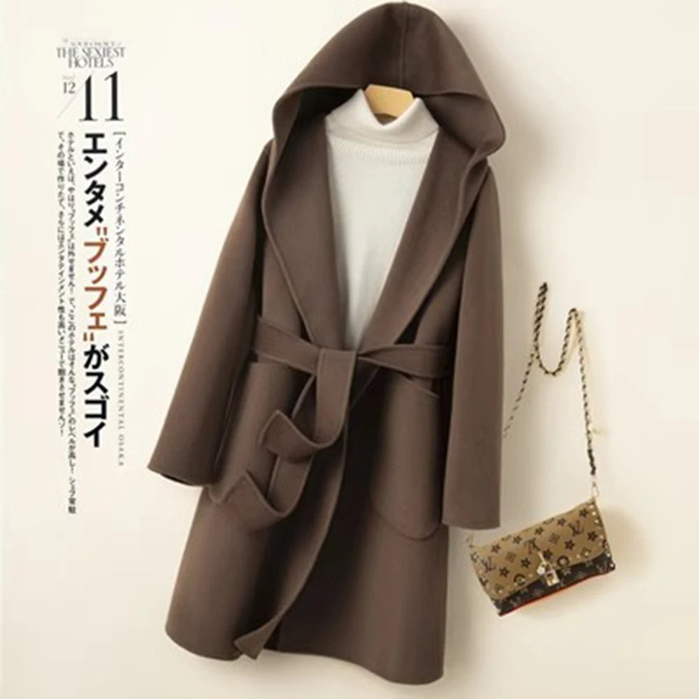 Women Double-sided Middle Long Length Woolen Hoodie Coat With Belt Lace Up Hooded Slimming Wool Jacket Autumn Winter Outerwear