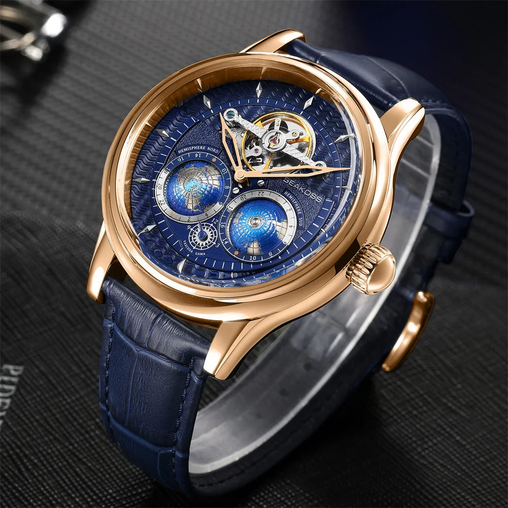 SEAKOSS 3D Double Earth Rotating Automatic Movement Mechanical Watch for Men 1963 Flywheel Wristwatches 5Bar Waterproof Clock