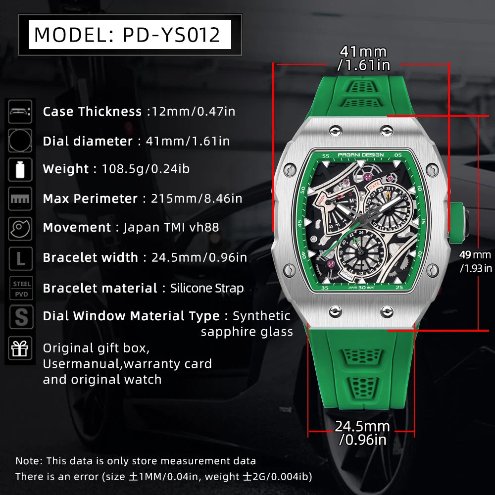 PAGANI DESIGN skeleton Watch Sapphire YS012 Automatic Men’s Quartz Watch Silicone Square Clock Waterproof Relogio Masculino