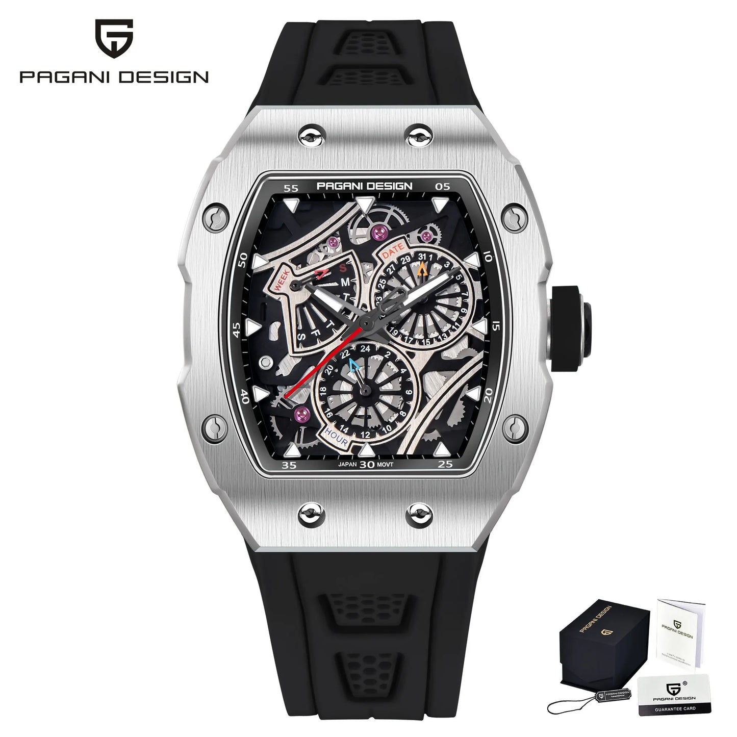 PAGANI DESIGN skeleton Watch Sapphire YS012 Automatic Men’s Quartz Watch Silicone Square Clock Waterproof Relogio Masculino
