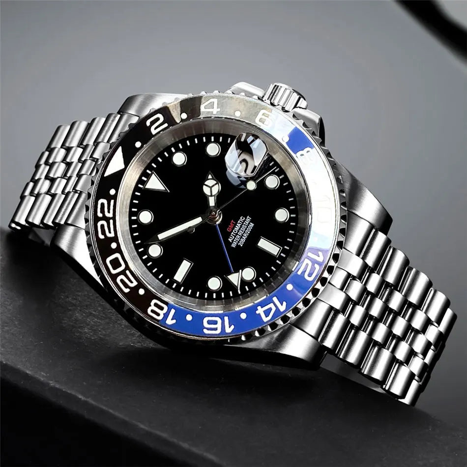 Tandorio 40mm NH34A Men's Automatic Watch GMT Function Luminous Black Dial Sapphire Crystal Auto Date Bracelet Rotating Bezel