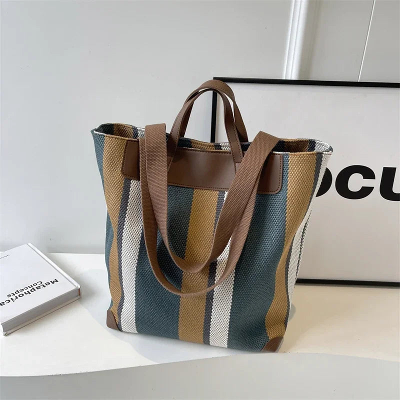 Striped Shoulder Bucket Bags For Women Canvas Fabric Large Capacity Shopping Totes Contrast Color Commute Shopper Handbags 2024