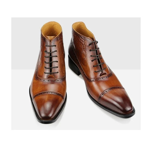 Fashion High Ankle Boots For Men Genuine Leather Luxury Printing Business Dress Shoe Pointed Toe Retro Classic Brown Male's Boot