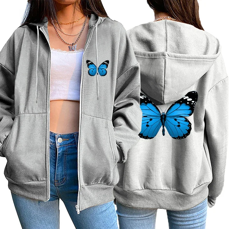 Butterfly Printed Hoodies for Women 2025 Hot Sale Hooded Longsleeve Jackets Autumn Home Outdoor Casual Fashion Ziiper Coats