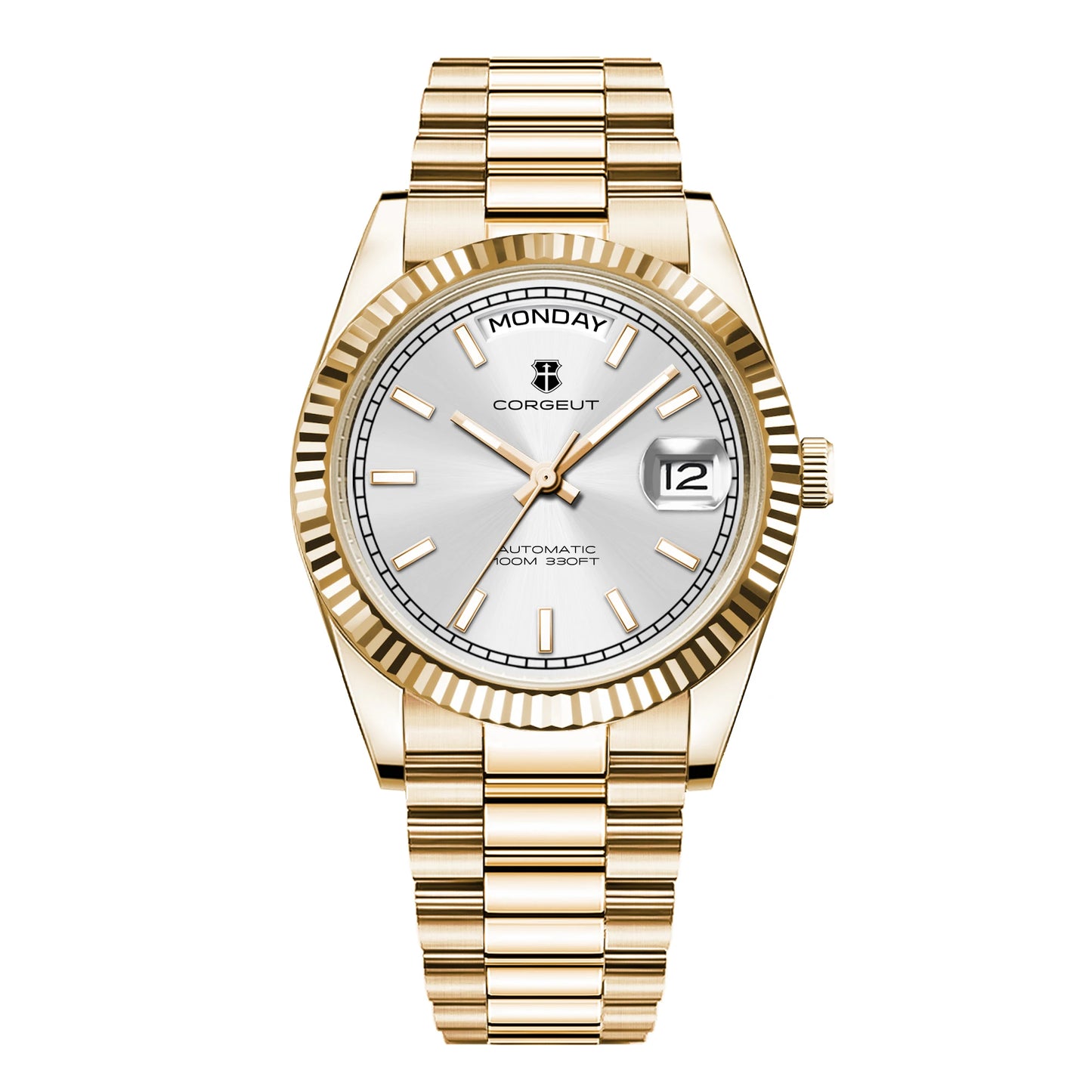 CORGEUT NH36 Mechanical Men's Watch Date of the Week Show President Chain Strap Steel Case Watch Threaded Arc Bezel waterp
