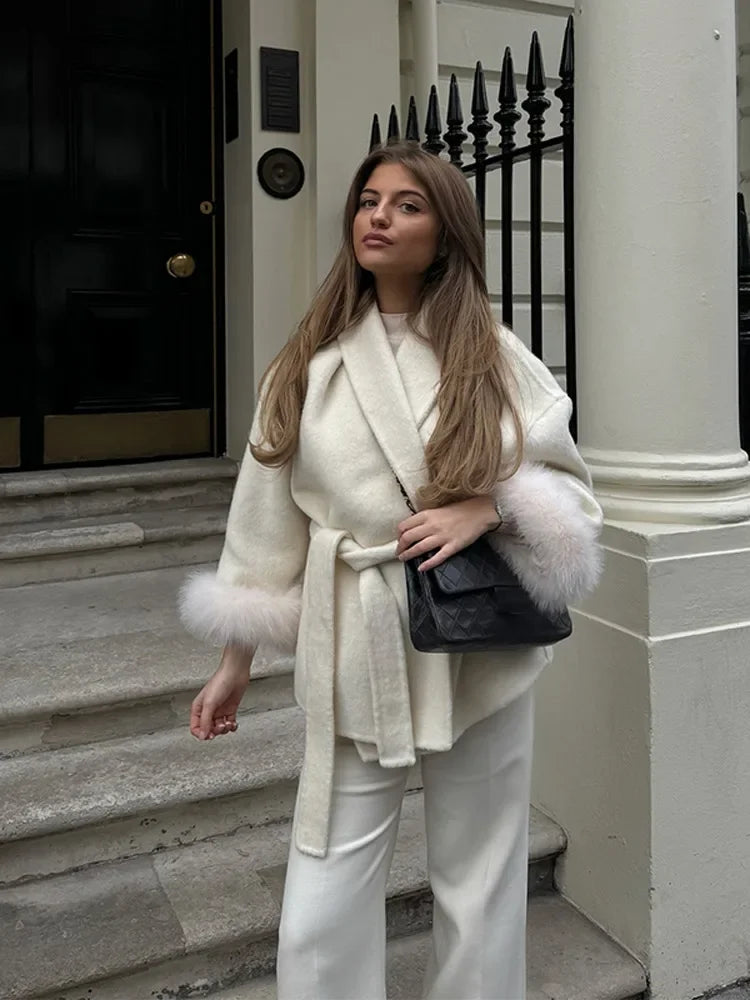 Elegant Lace Up Fur Patchwork Coat Women Loose Solid Long Sleeve V-neck Open Stitch Coats Female 2025 Autumn Fashion Lady Jacket