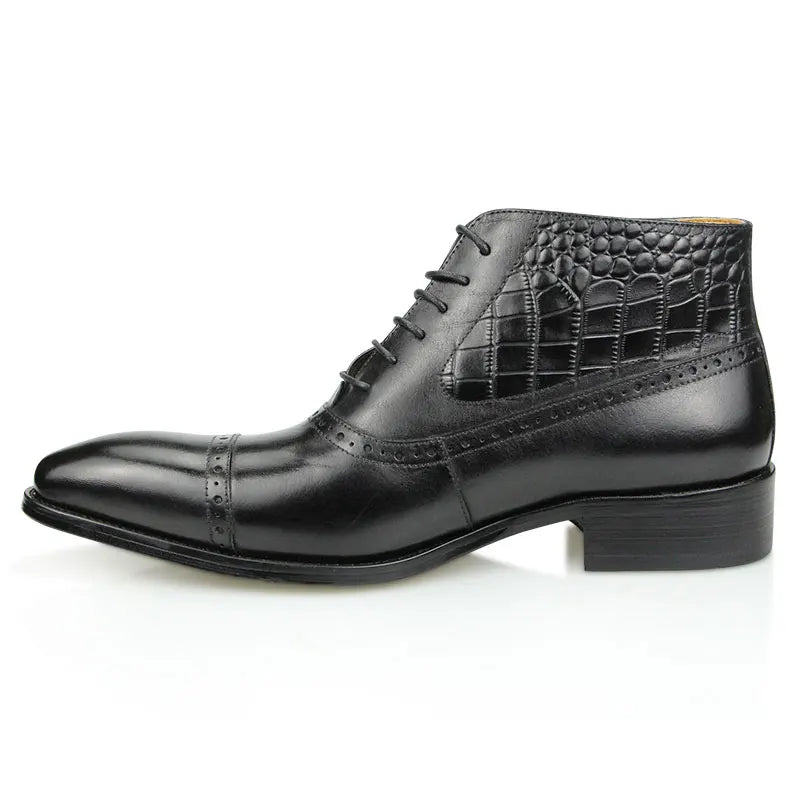 Fashion High Ankle Boots For Men Genuine Leather Luxury Printing Business Dress Shoe Pointed Toe Retro Classic Brown Male's Boot