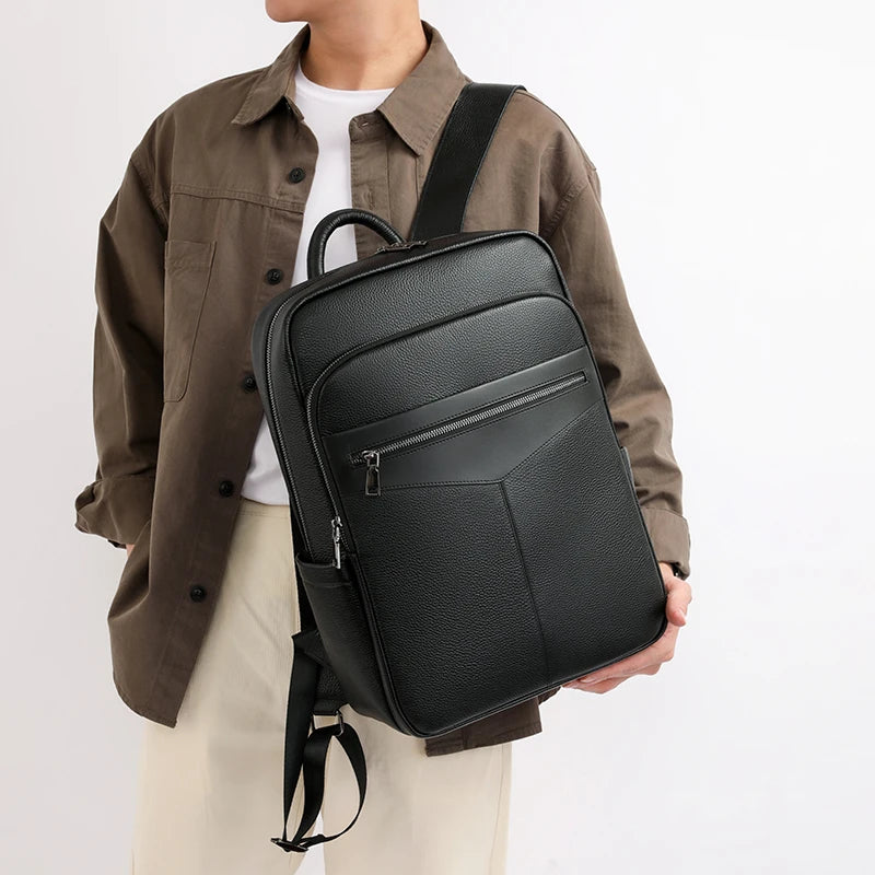 High Quality Minimalism Men's Black Backpack Bag Genuine Leather Double Shoulder Bag Cow Leather Man Backpack for Business