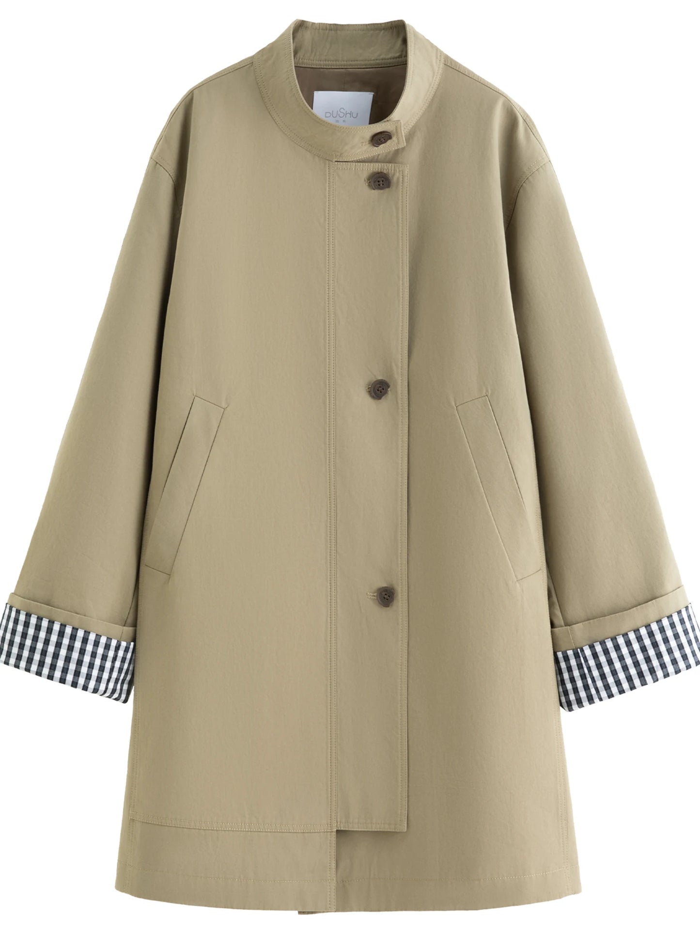 DUSHU Autumn 2025 Women's Stand Collar Trench Coat - Relaxed Fit Plaid Patchwork Loose Outerwear Casual Windbreaker Top