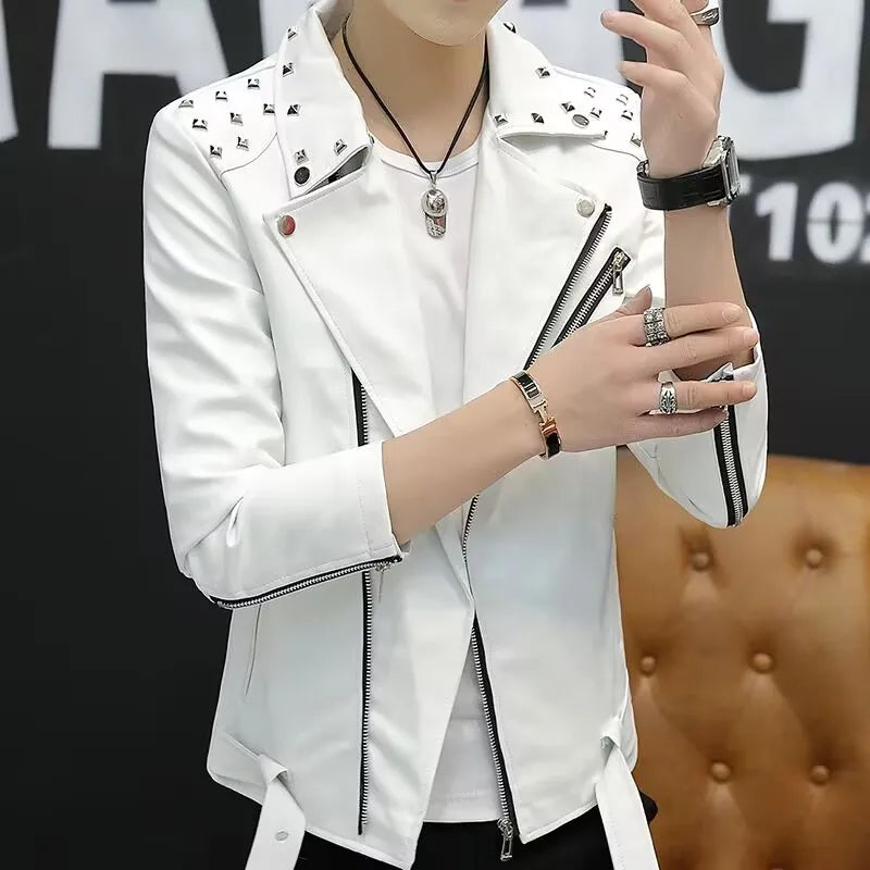 2024 Autumn Men's Leather Jacket, Suit Collar Coat Slim Men's Short Motorcycle clothing