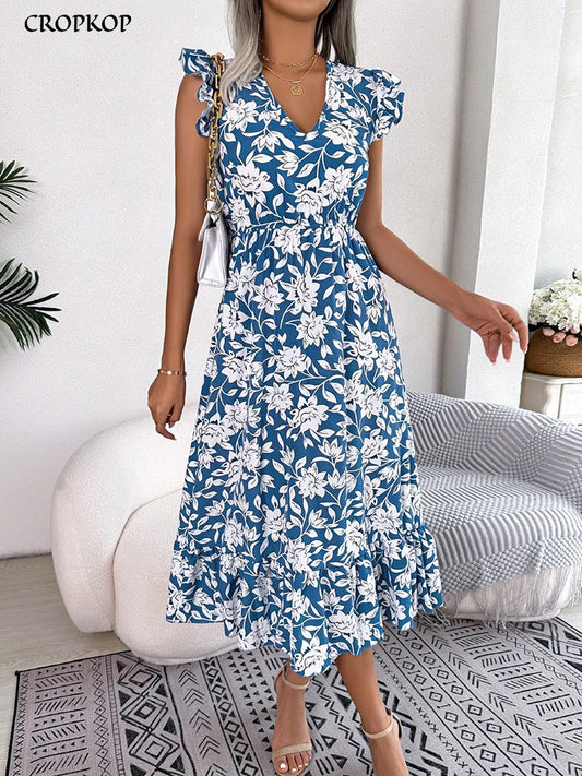 Summer Floral Midi Dresses For Women Casual Sleeveless Ruffle Holiday Beach Dress Fashion White V Neck New In Dresses 2023