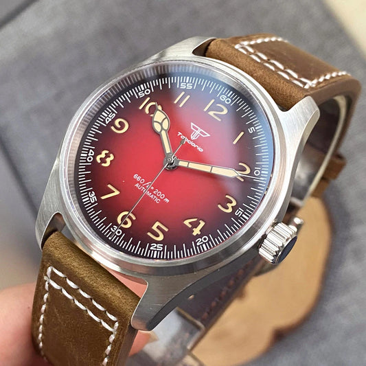 Tandorio Dive Khaki Field Series Pilot Mechanical Watches for Men 200M Waterproof Polish Bezel NH35AA Movt Beige Snake Hand