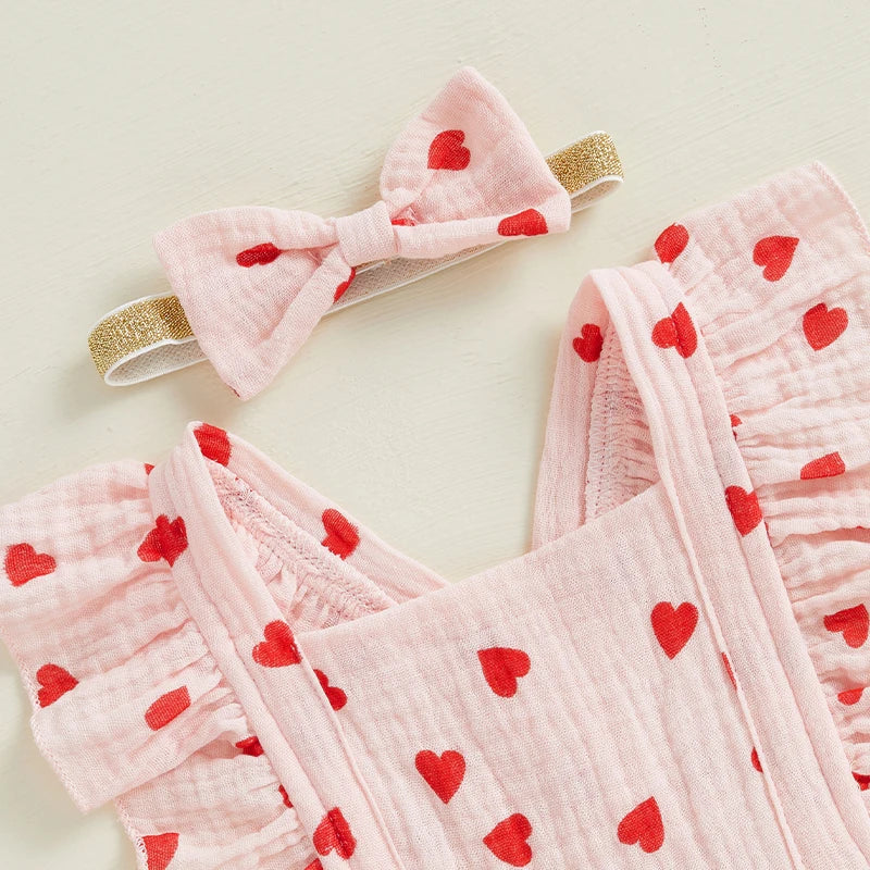 Infant Toddler Baby Girls Valentine's Day Romper Bow/Heart Print Flutter Sleeves Square Neck Bodysuit with Bow Headband