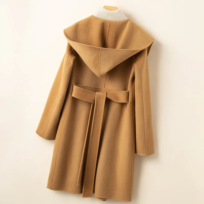Women Double-sided Middle Long Length Woolen Hoodie Coat With Belt Lace Up Hooded Slimming Wool Jacket Autumn Winter Outerwear